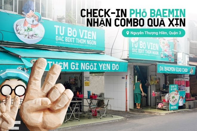 Slogan của Baemin nổi bật bên ngoài quán Tư Bò Viên, quận 3, TP.HCM. Ảnh từ Fanpage Baemin đăng ngày 7/1/2022.
