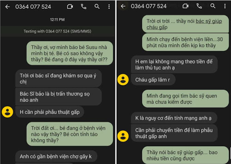 Một số tin nhắn thông báo "Con đang cấp cứu" để lừa đảo chuyển tiền, chiếm đoạt tài sản thời gian gần đây.