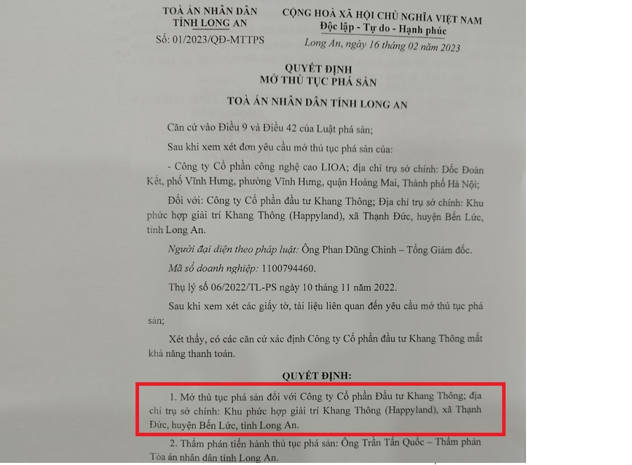 TAND Long An ra quyết định mở thủ tục phá sản với Khang Thông