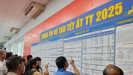 Hành khách xếp hàng mua vé tàu Tết trong ngày đầu mở bán trực tiếp