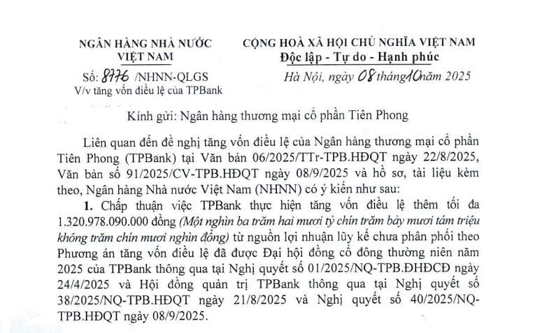 TPBank được “bật đèn xanh” tăng vốn lên hơn 27.740 nghìn tỷ đồng