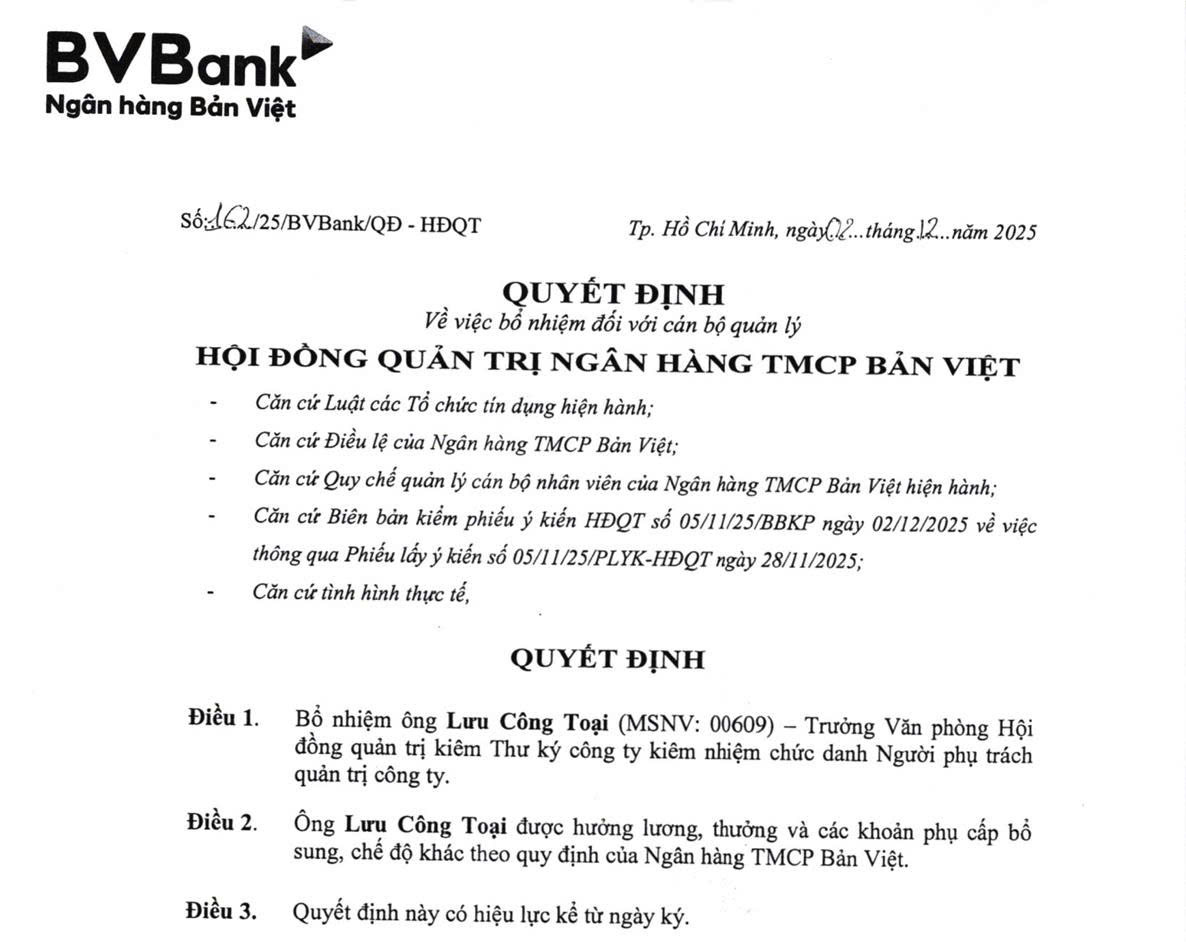 Bản Việt Bank bổ nhiệm thêm nhân sự cấp cao
