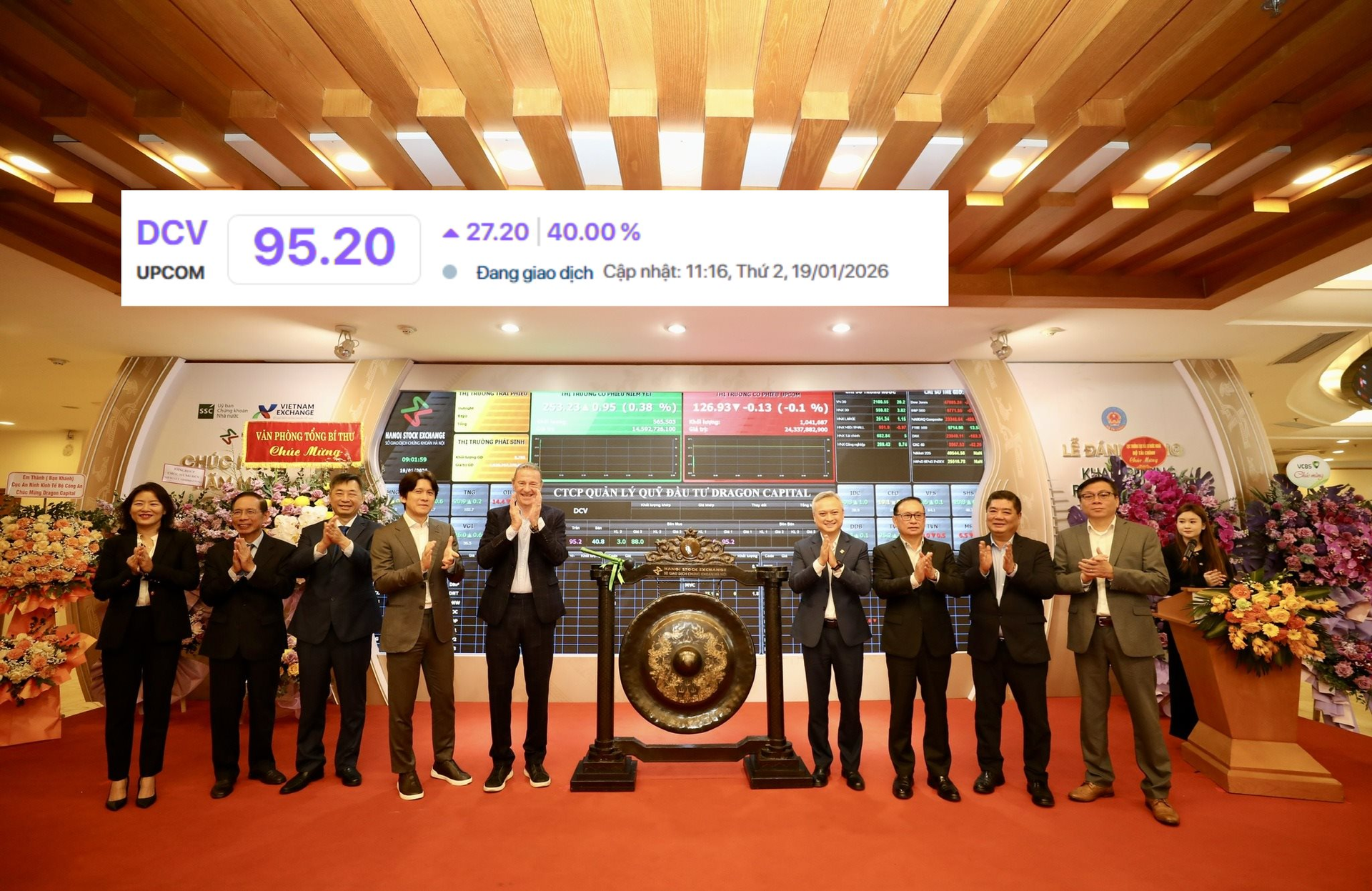 Cổ phiếu Dragon Capital (DCV) tăng kịch trần 40% trong ngày chào sàn chứng khoán