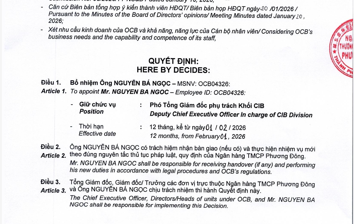 Ông Nguyễn Bá Ngọc - Tân Phó Tổng Giám đốc ngân hàng OCB.