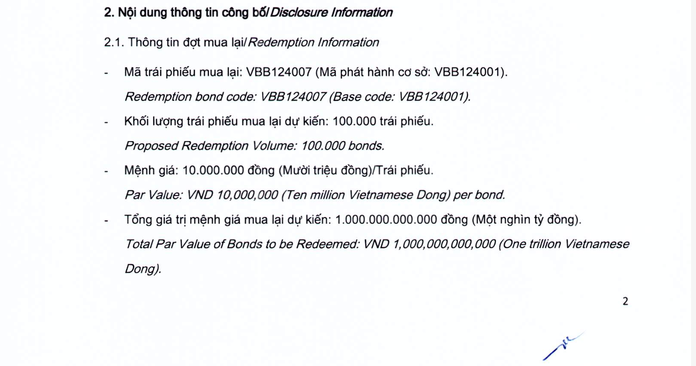 Vietbank muốn tất toán lô trái phiếu 1.000 tỷ đồng trước hạn 5 năm