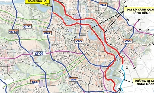 Trục đại lộ cảnh quan sông Hồng dự kiến dài 80km với 10 làn xe, kết nối 2 bên sông bằng 17 cây cầu