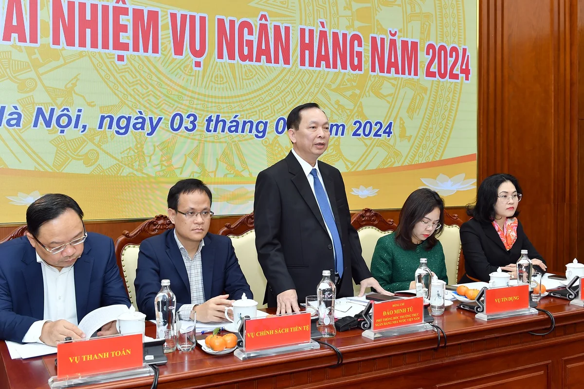Phó Thống đốc NHNN Đào Minh Tú phát biểu tại cuộc họp.