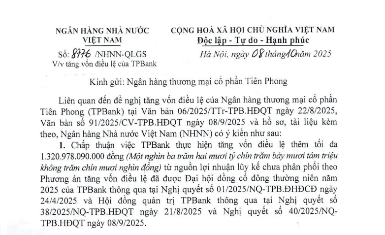 TPBank được “bật đèn xanh” tăng vốn lên hơn 27.740 nghìn tỷ đồng