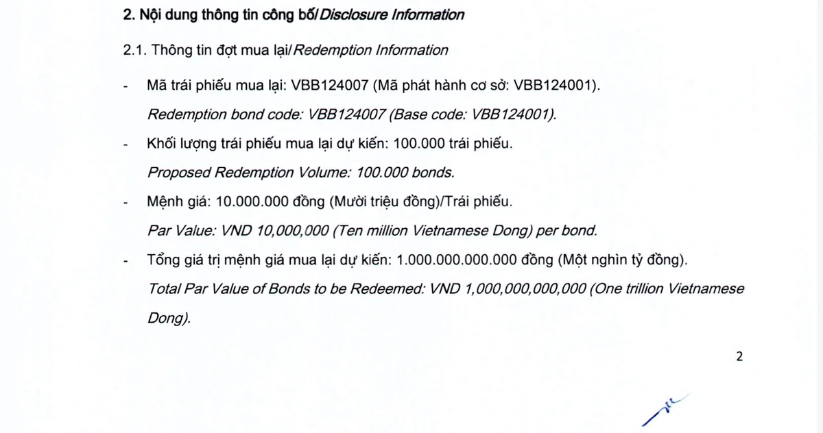 Vietbank muốn tất toán lô trái phiếu 1.000 tỷ đồng trước hạn 5 năm